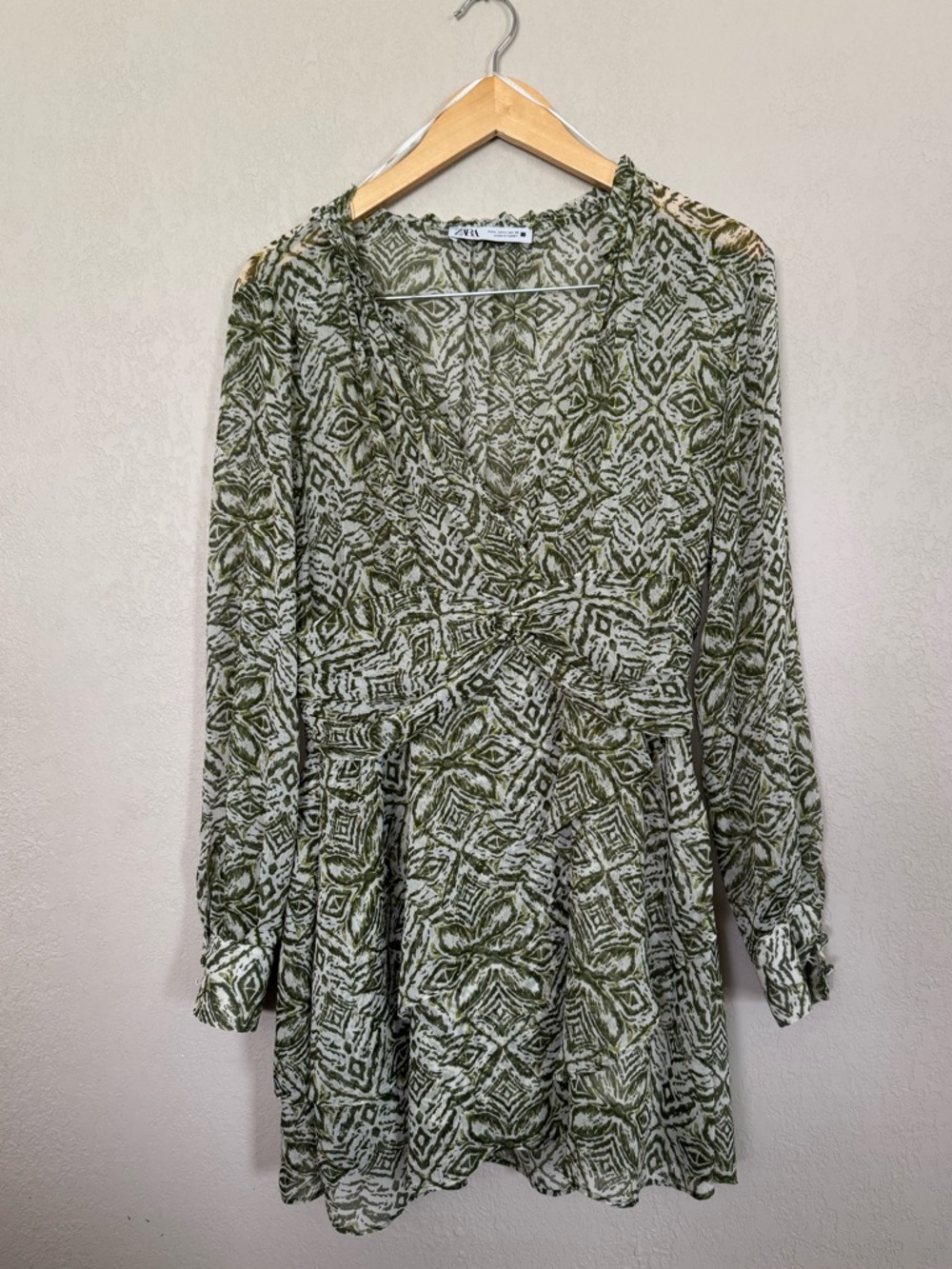 Zara Olive Green Patterned Long-Sleeve Wrap Dress